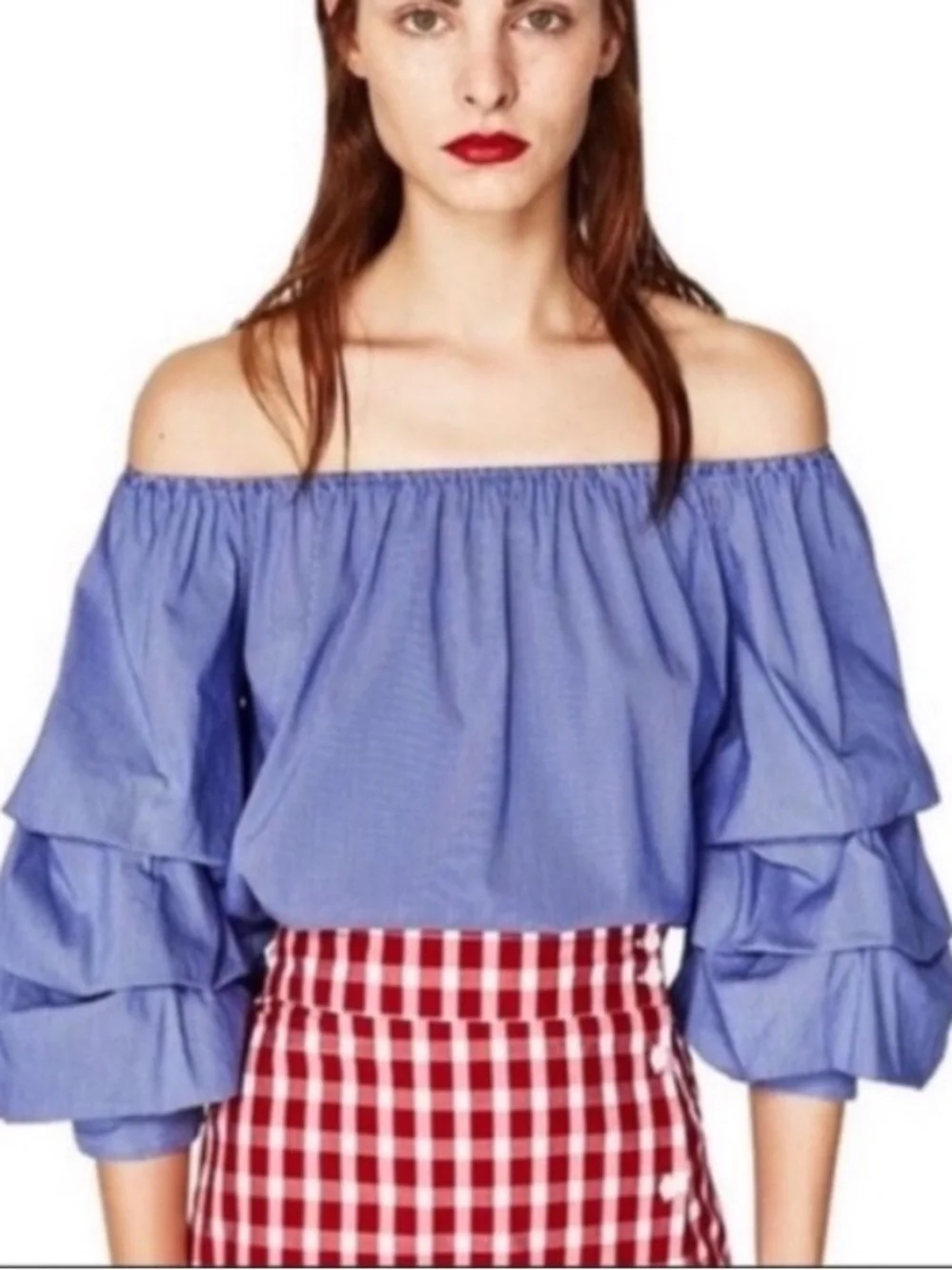 Zara Off the shoulder ruffle puff sleeve top - blue striped - Medium - NWOT